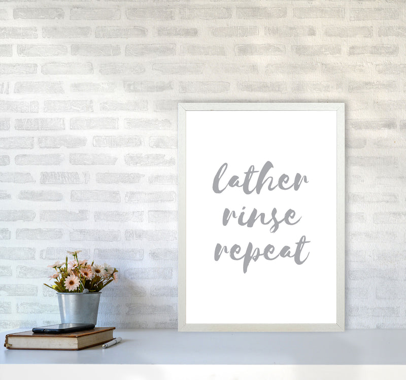 Lather Rinse Repeat Grey, Bathroom Modern Print, Framed Bathroom Wall Art A2 Oak Frame