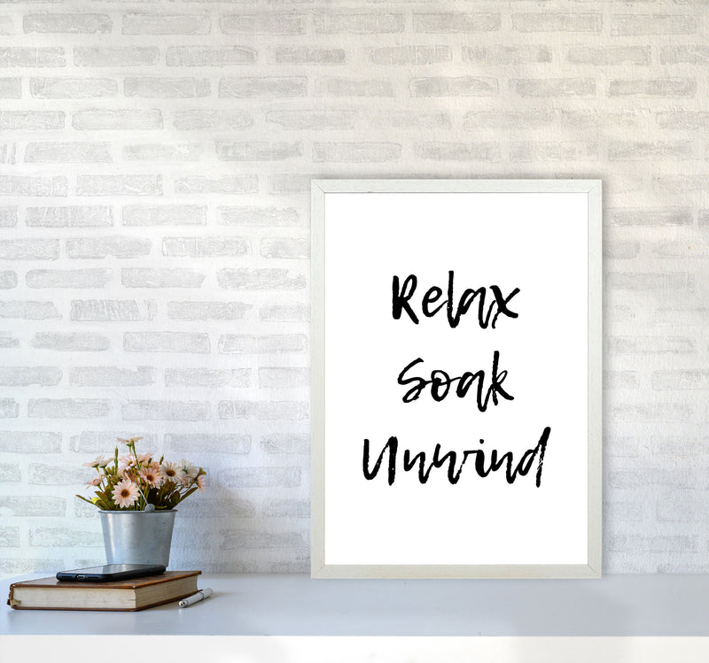 Relax Soak Unwind, Bathroom Modern Print, Framed Bathroom Wall Art A2 Oak Frame