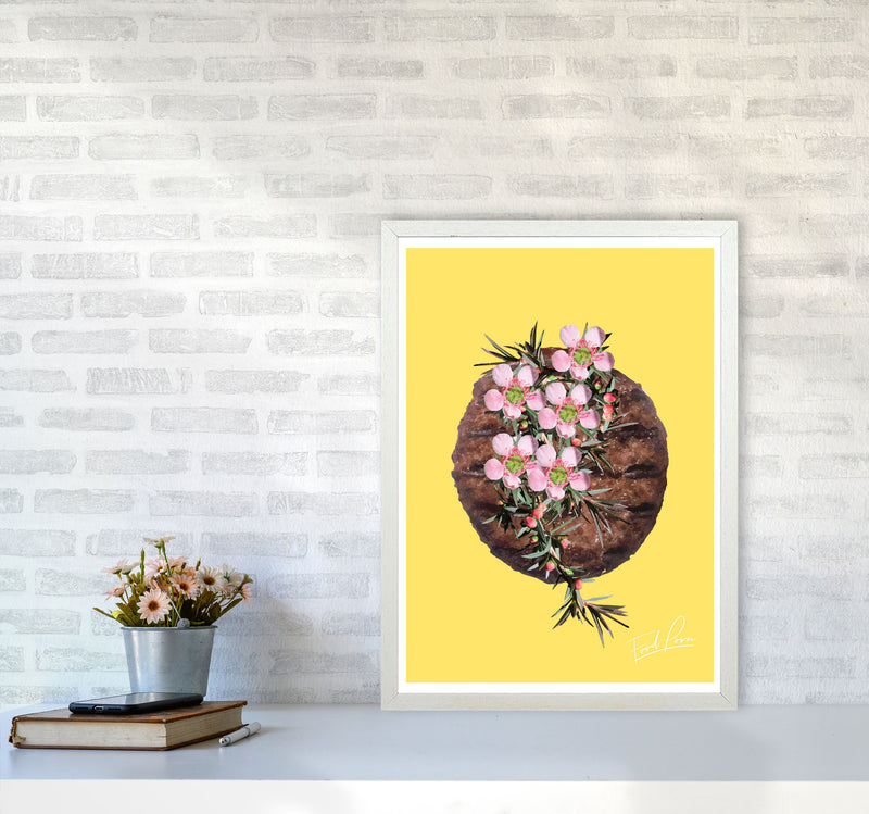 Yellow Burger Food Print, Framed Kitchen Wall Art A2 Oak Frame
