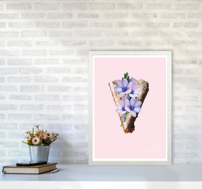 Pink Coffee Cake Floral Food Print, Framed Kitchen Wall Art A2 Oak Frame