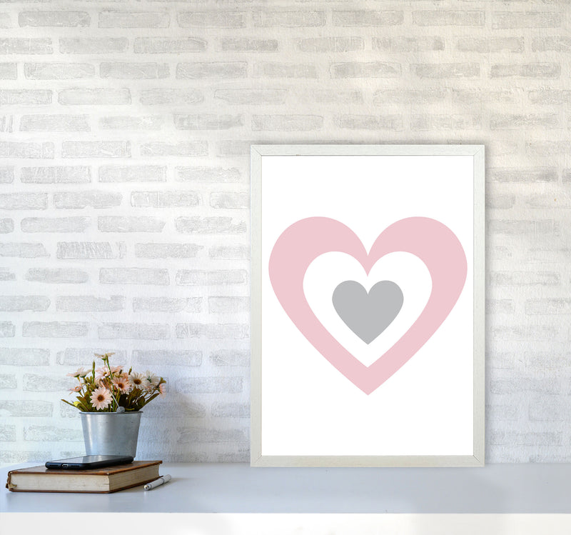 Pink And Grey Heart Modern Print A2 Oak Frame