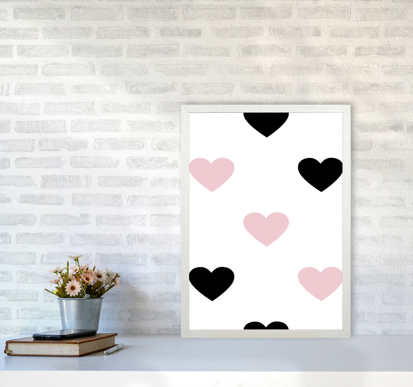 Pink And Black Hearts Modern Print A2 Oak Frame