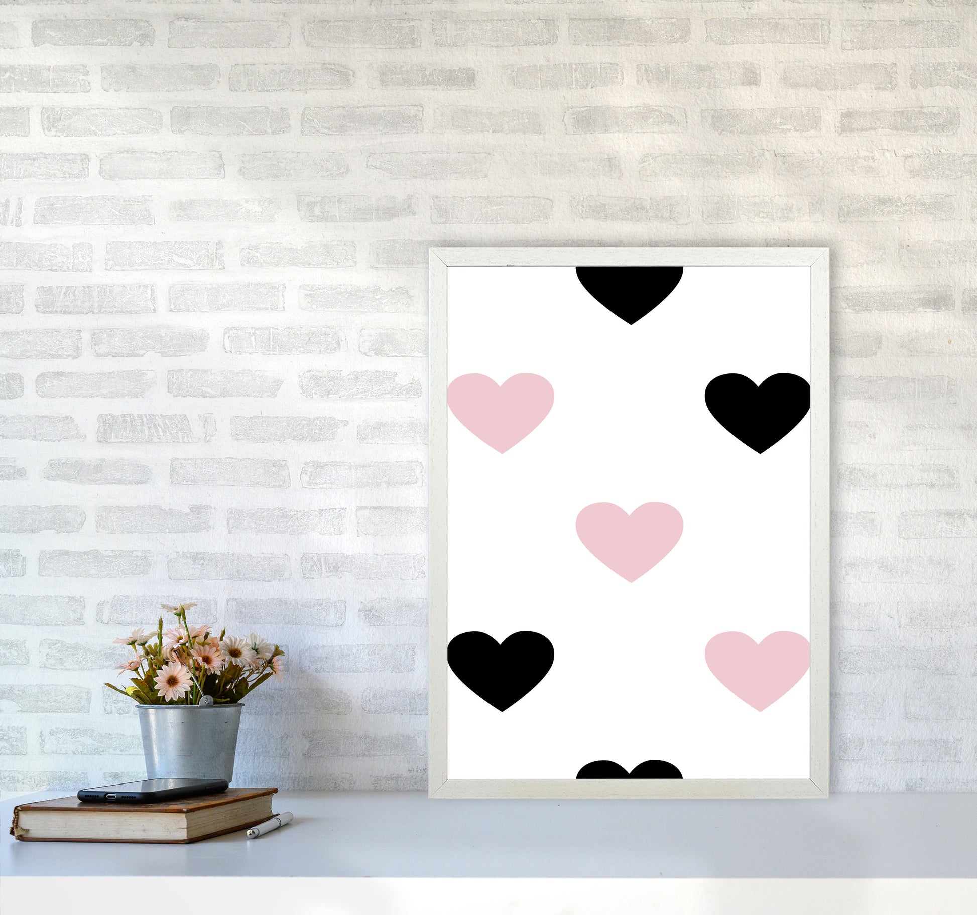 Pink And Black Hearts Modern Print A2 Oak Frame