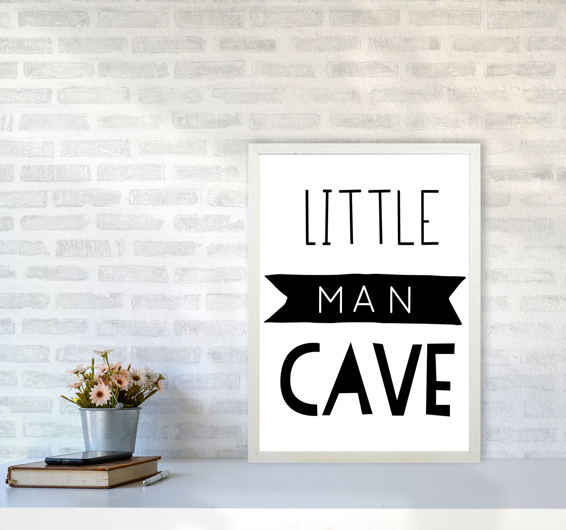 Little Man Cave Black Banner Framed Nursey Wall Art Print A2 Oak Frame