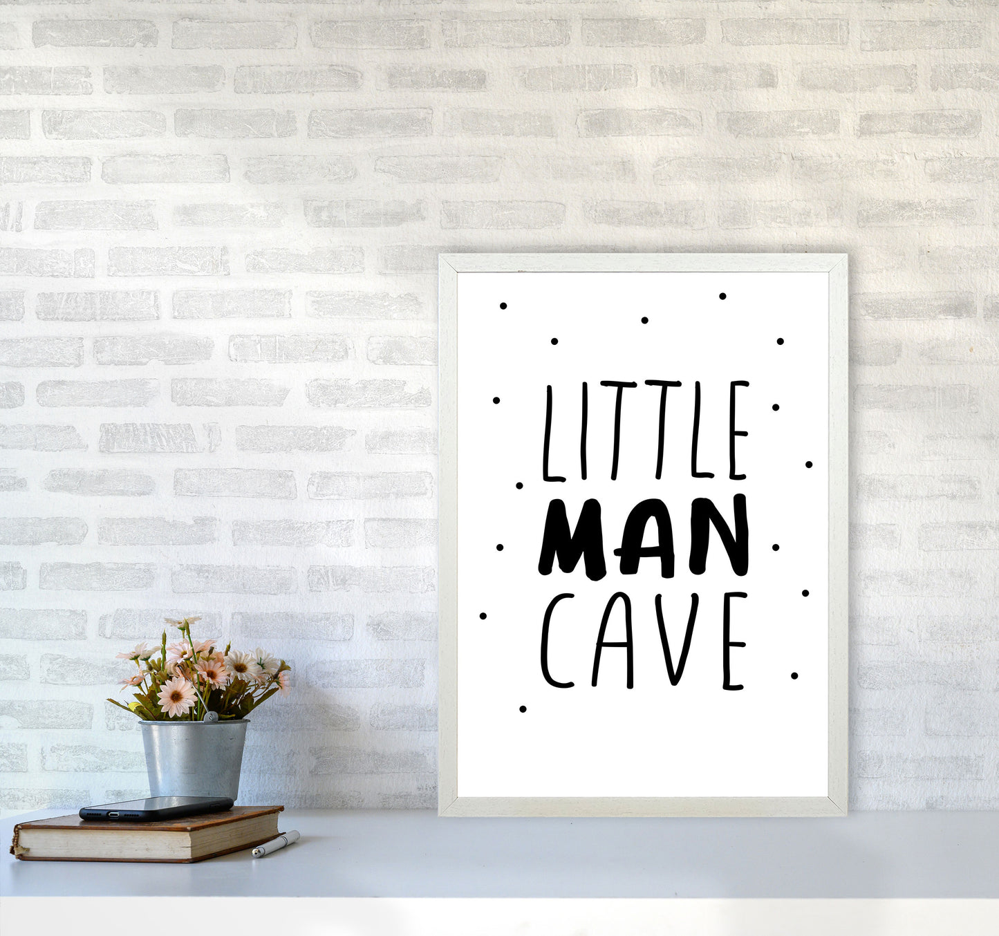 Little Man Cave Black Dots Framed Nursey Wall Art Print A2 Oak Frame