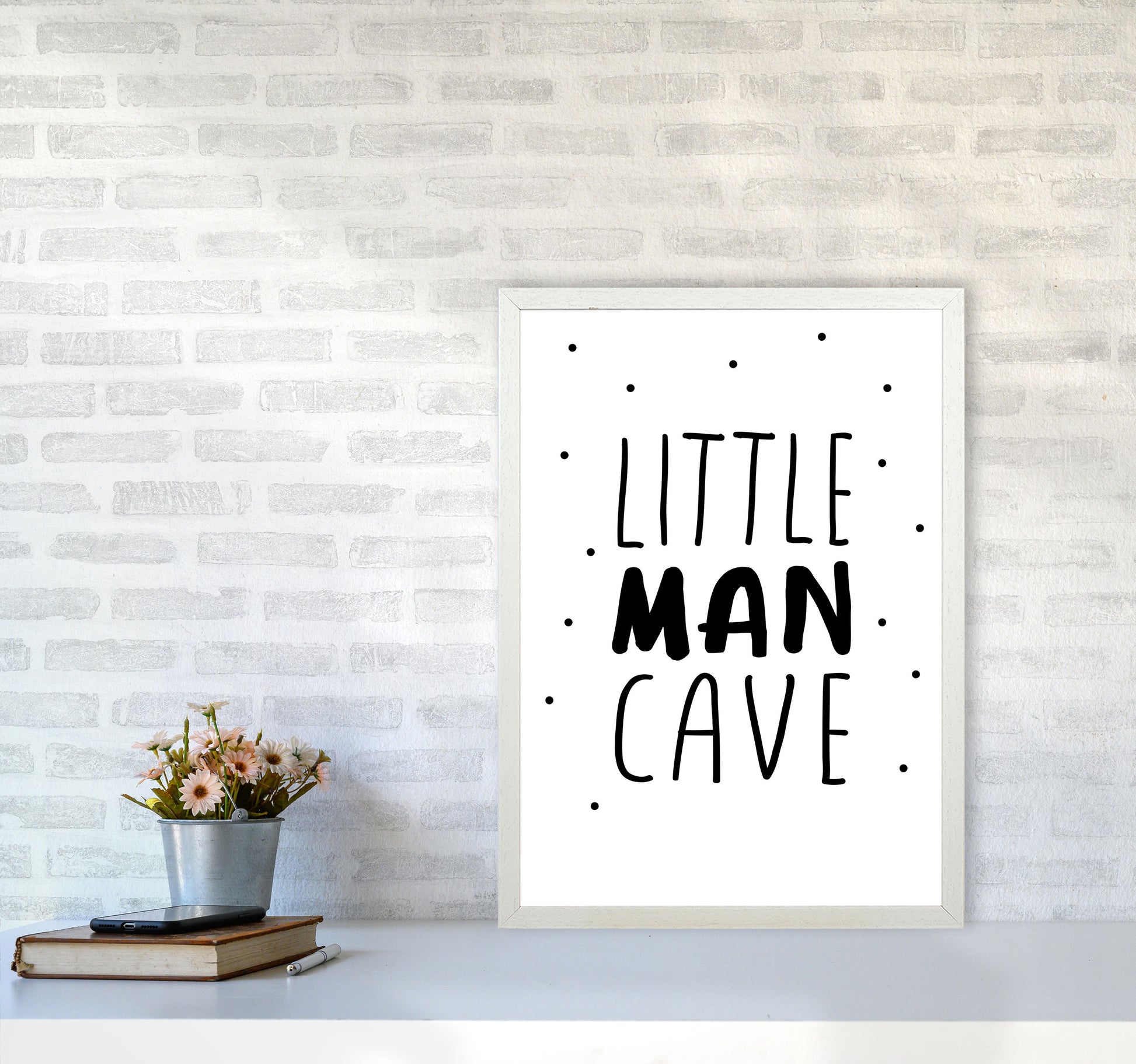 Little Man Cave Black Dots Framed Nursey Wall Art Print A2 Oak Frame