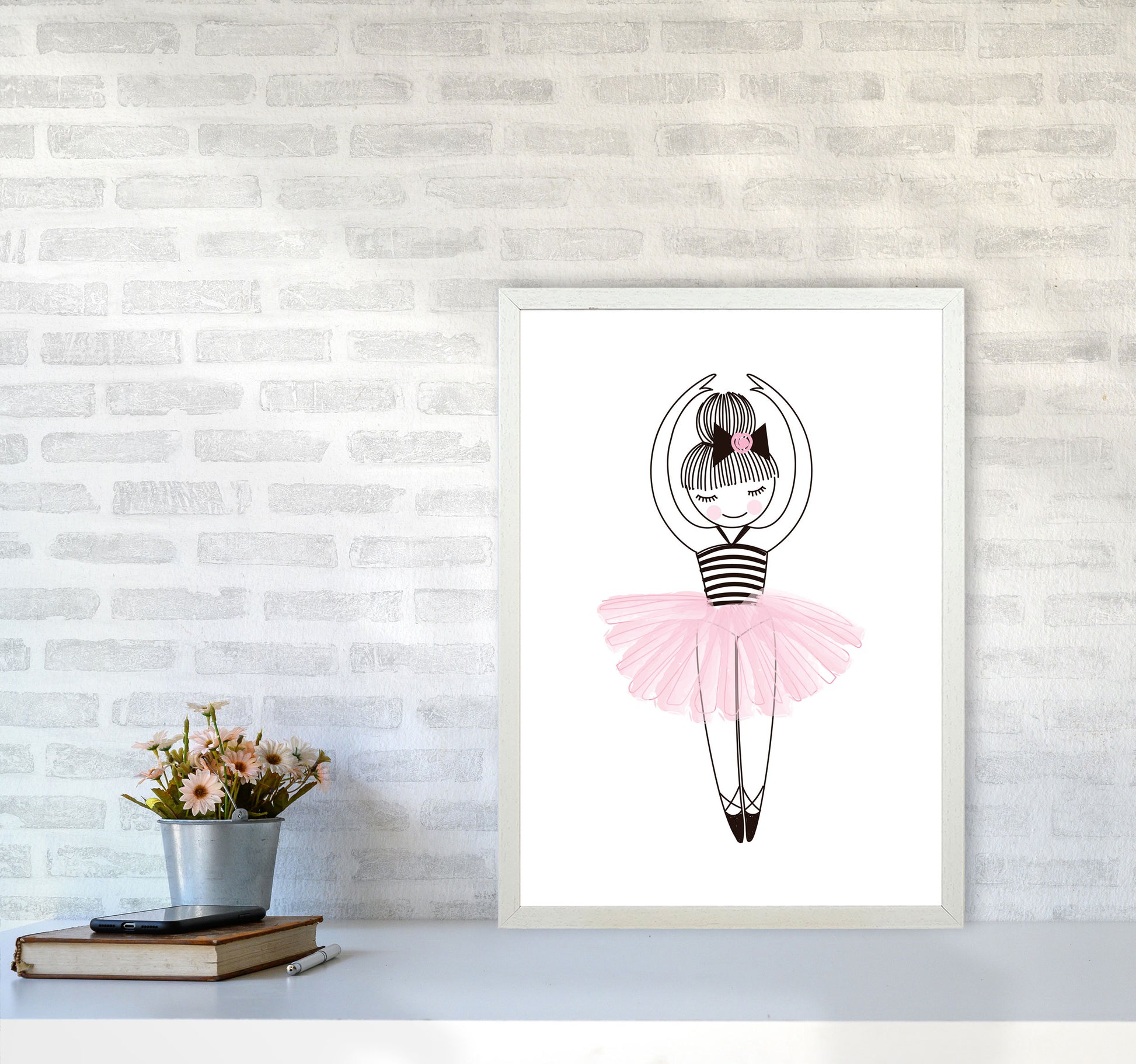 Girl&#39;s Ballerina Drawing Multi Set Illustration Wall Art Poster Print A2 Oak Frame