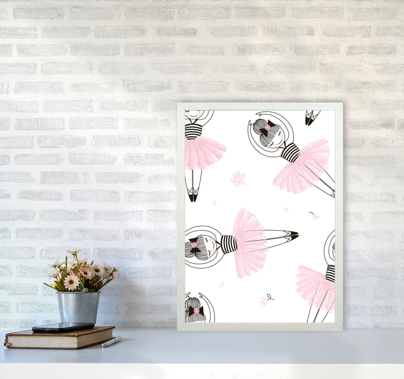 Ballerina Repeat Pattern Framed Nursey Wall Art Print A2 Oak Frame