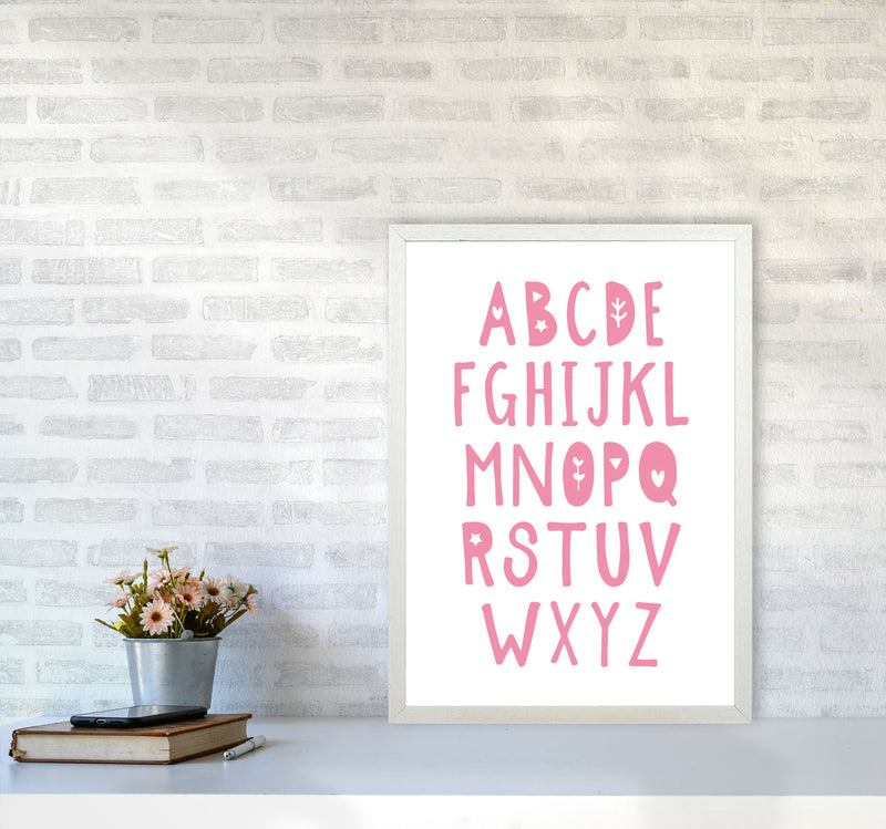 Bright Pink Alphabet Framed Nursey Wall Art Print A2 Oak Frame