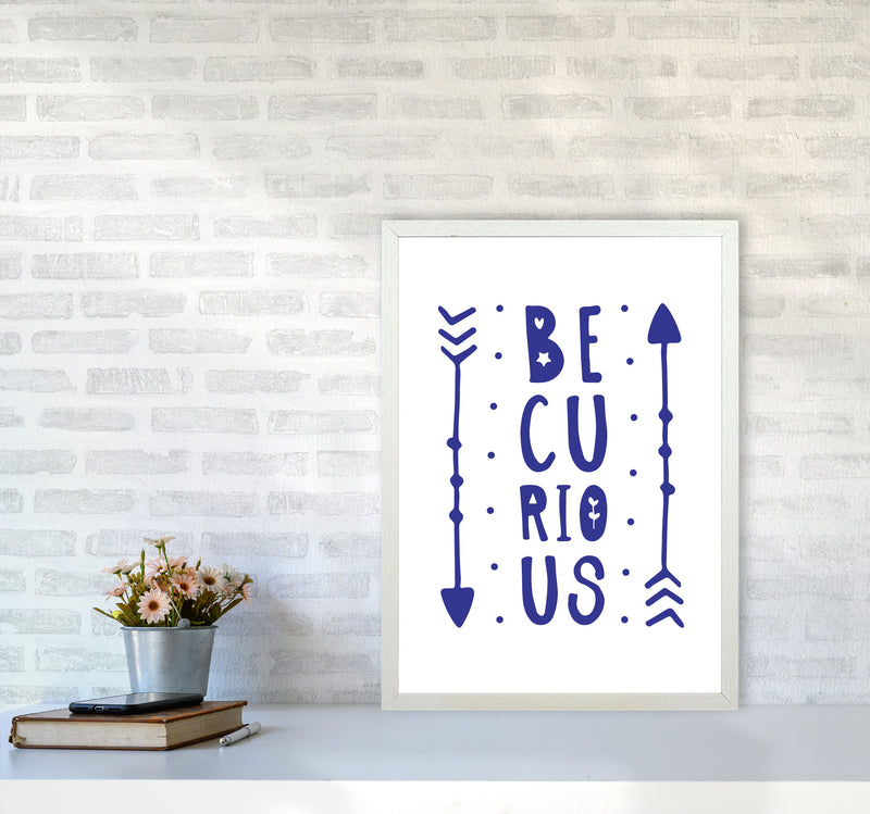 Be Curious Navy Framed Typography Wall Art Print A2 Oak Frame