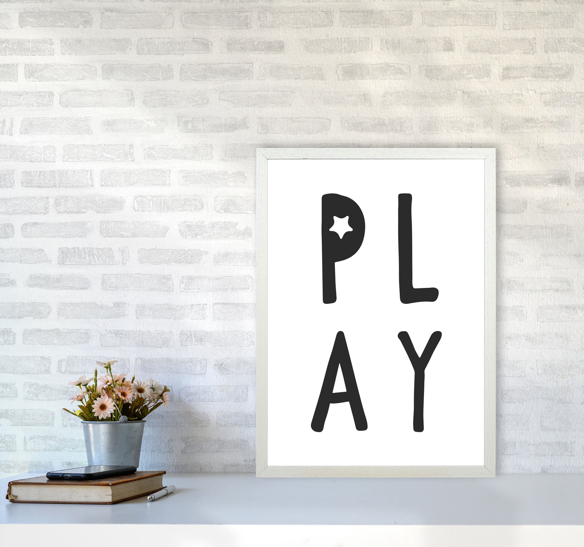 Play Black Framed Typography Wall Art Print A2 Oak Frame