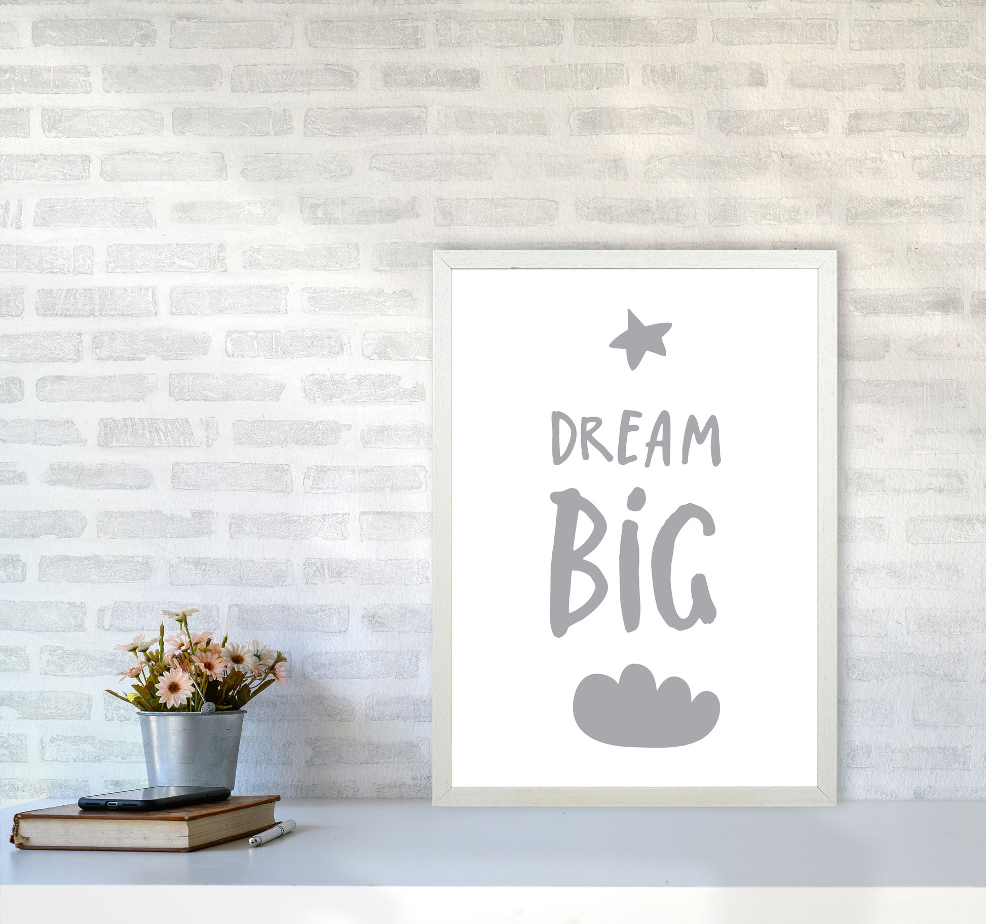 Dream Big Grey Framed Typography Wall Art Print A2 Oak Frame