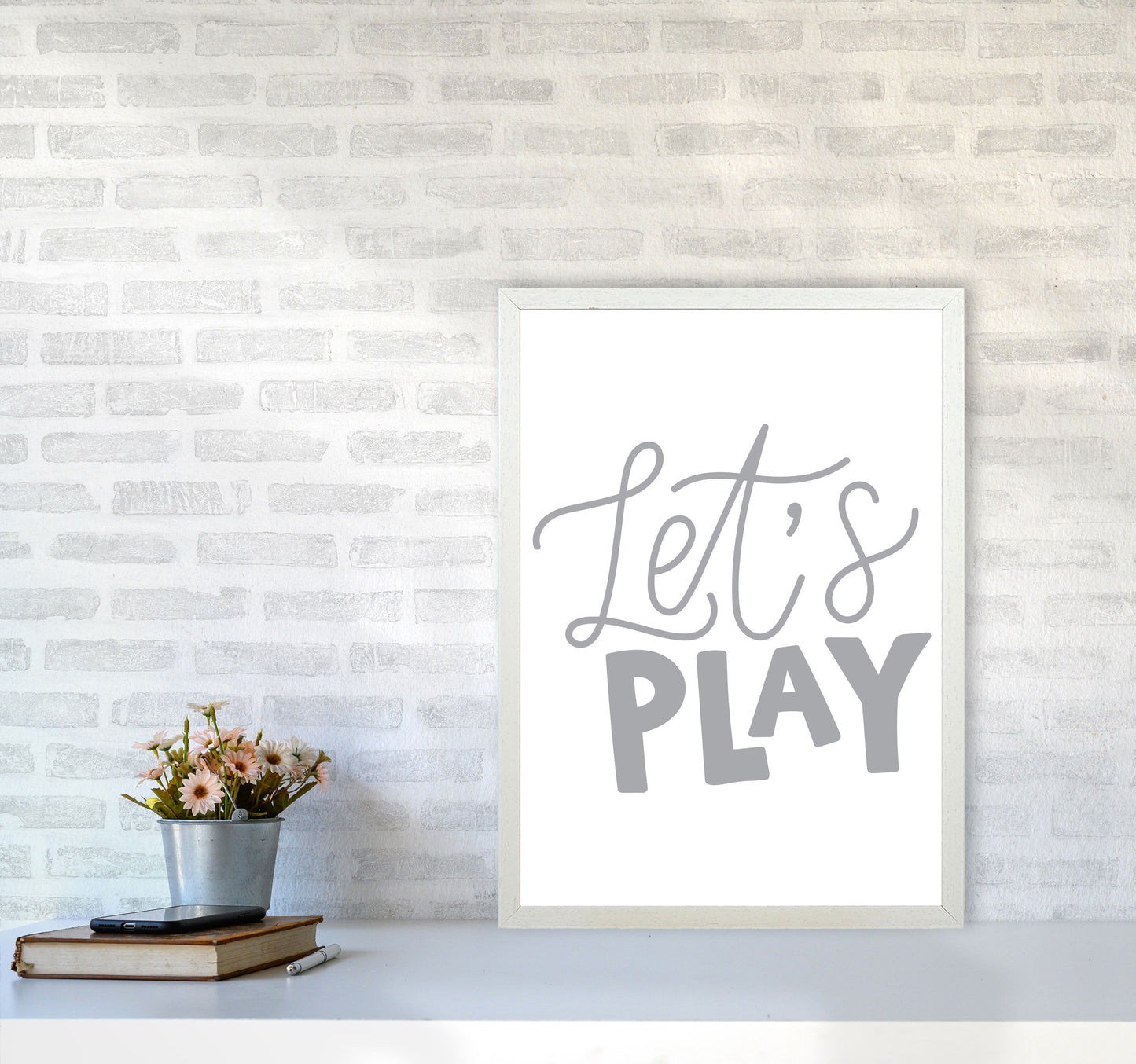Let&#39;s Play Grey Framed Typography Wall Art Print A2 Oak Frame