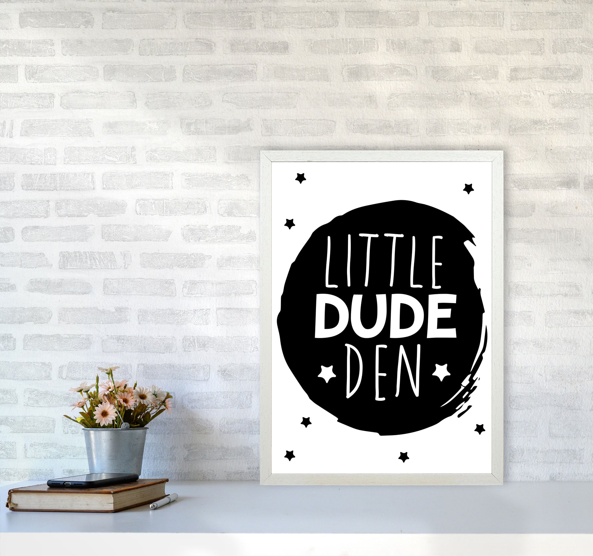 Little Dude Den Black Circle Framed Nursey Wall Art Print A2 Oak Frame