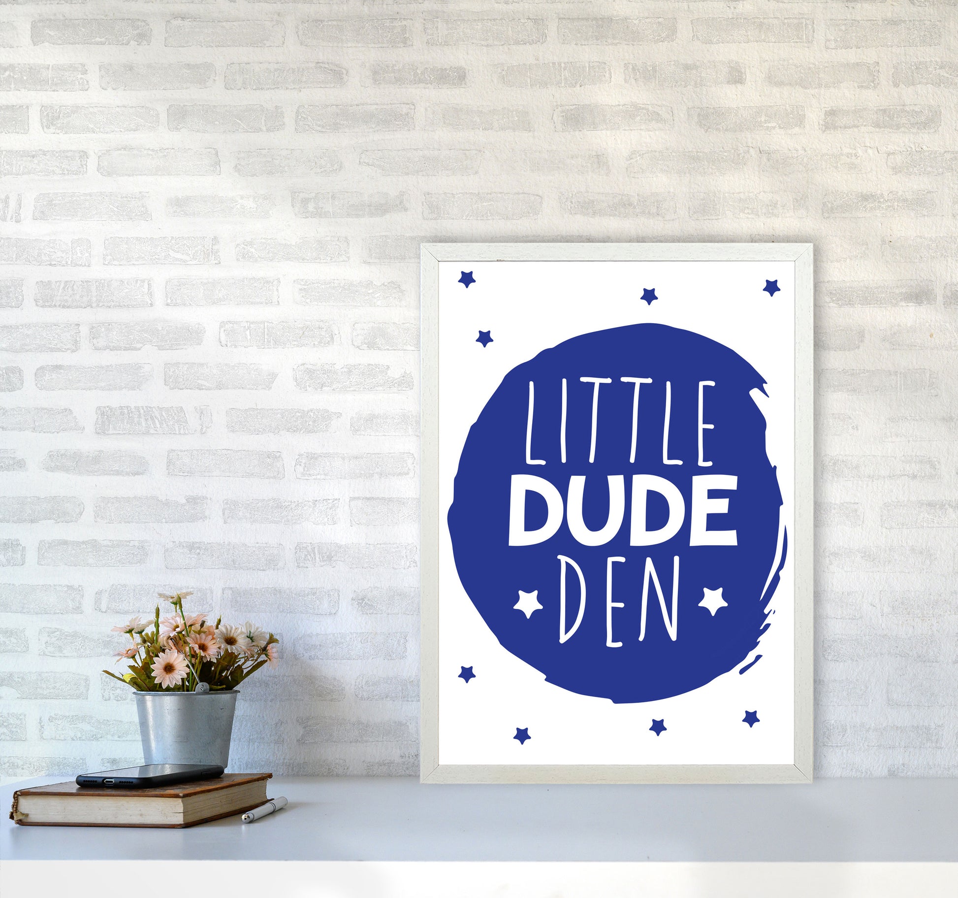 Little Dude Den Navy Circle Framed Nursey Wall Art Print A2 Oak Frame
