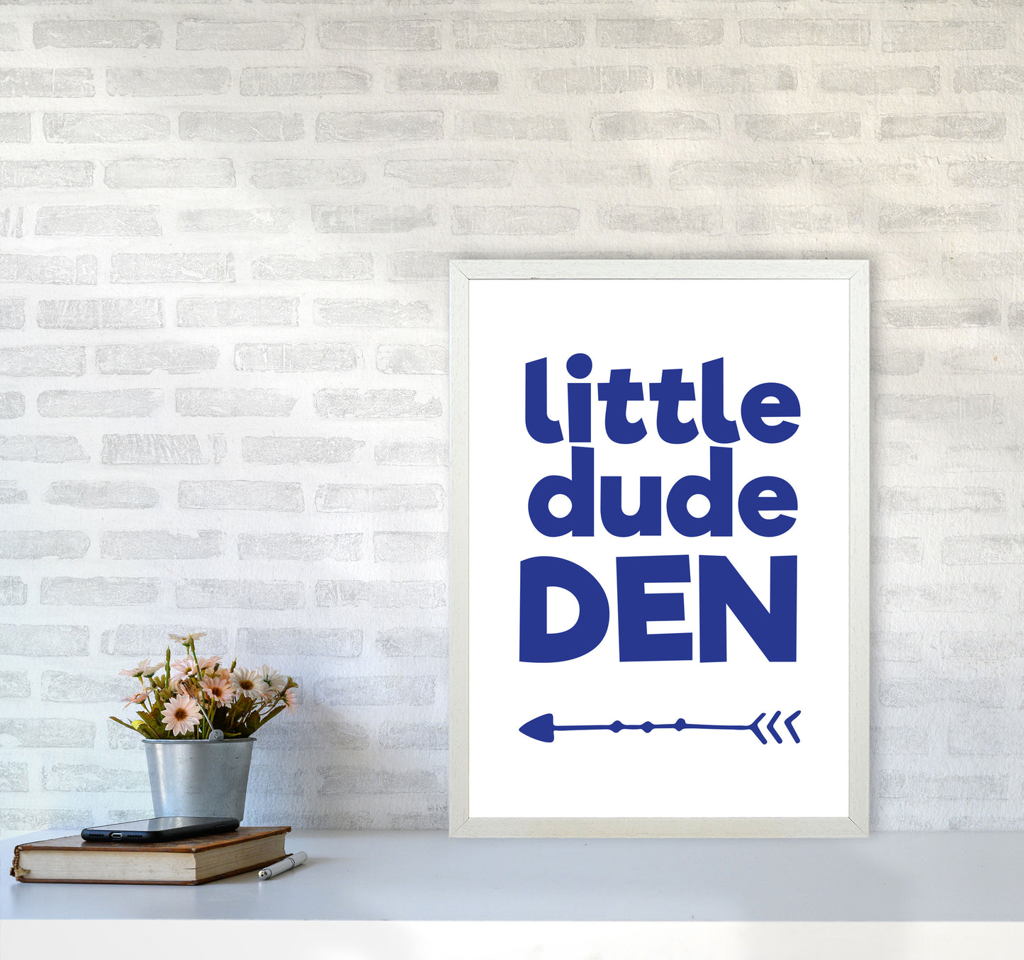 Little Dude Den Navy Framed Nursey Wall Art Print A2 Oak Frame