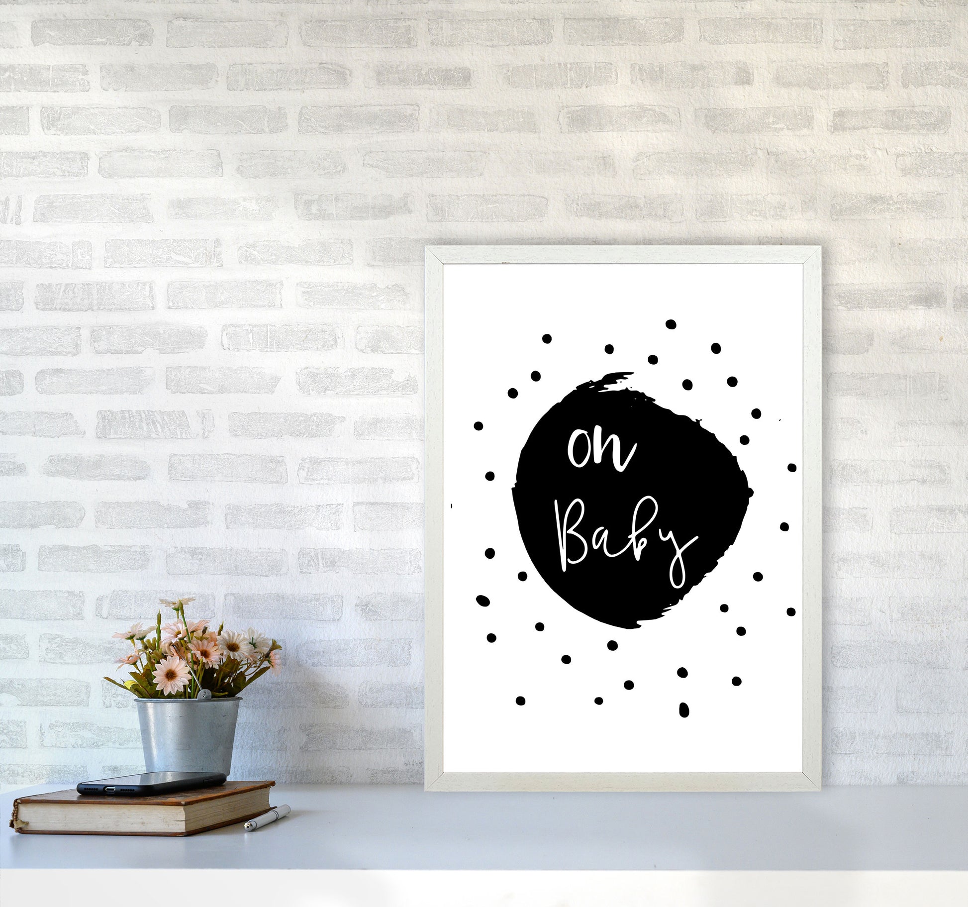 Oh Baby Black Framed Typography Wall Art Print A2 Oak Frame