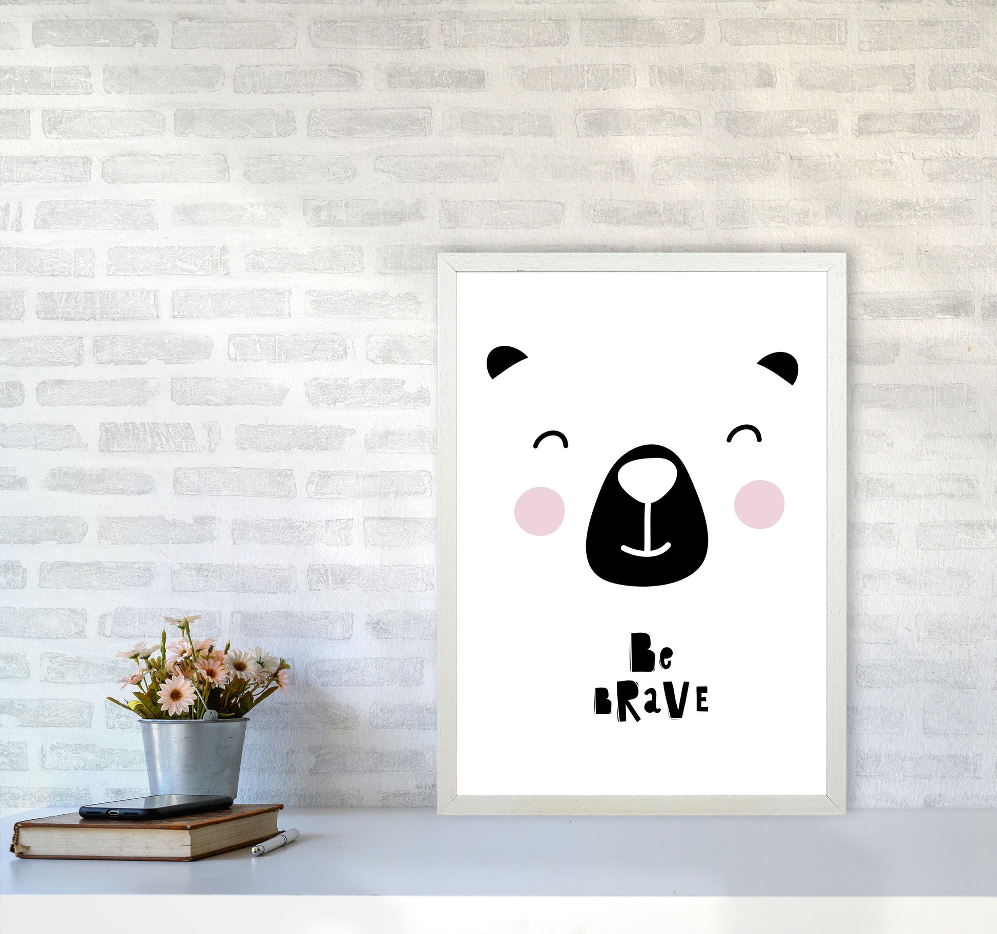 Be Brave Bear Face Framed Typography Wall Art Print A2 Oak Frame