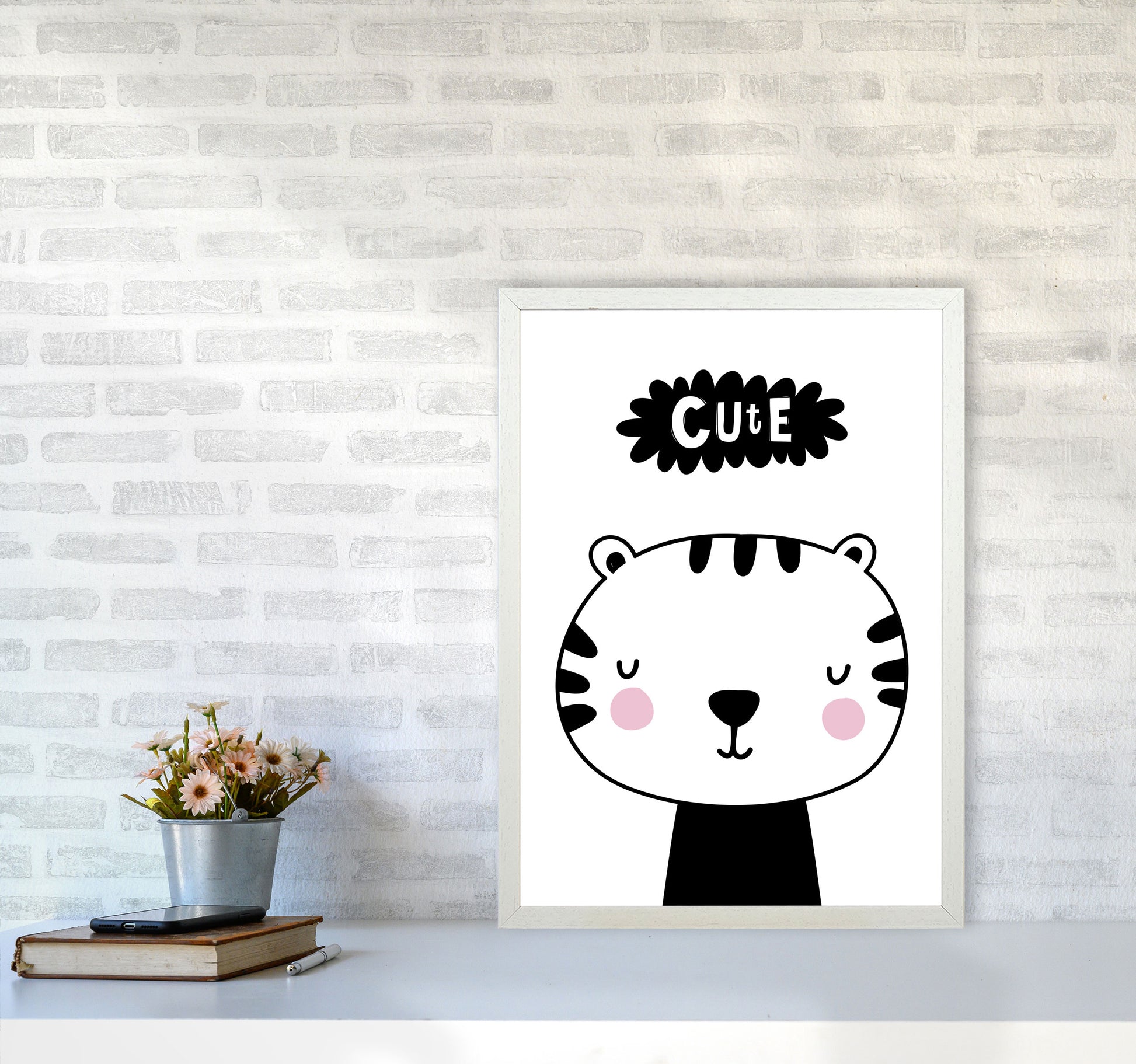 Cute Scandi Tiger Modern Print Animal Art Print A2 Oak Frame