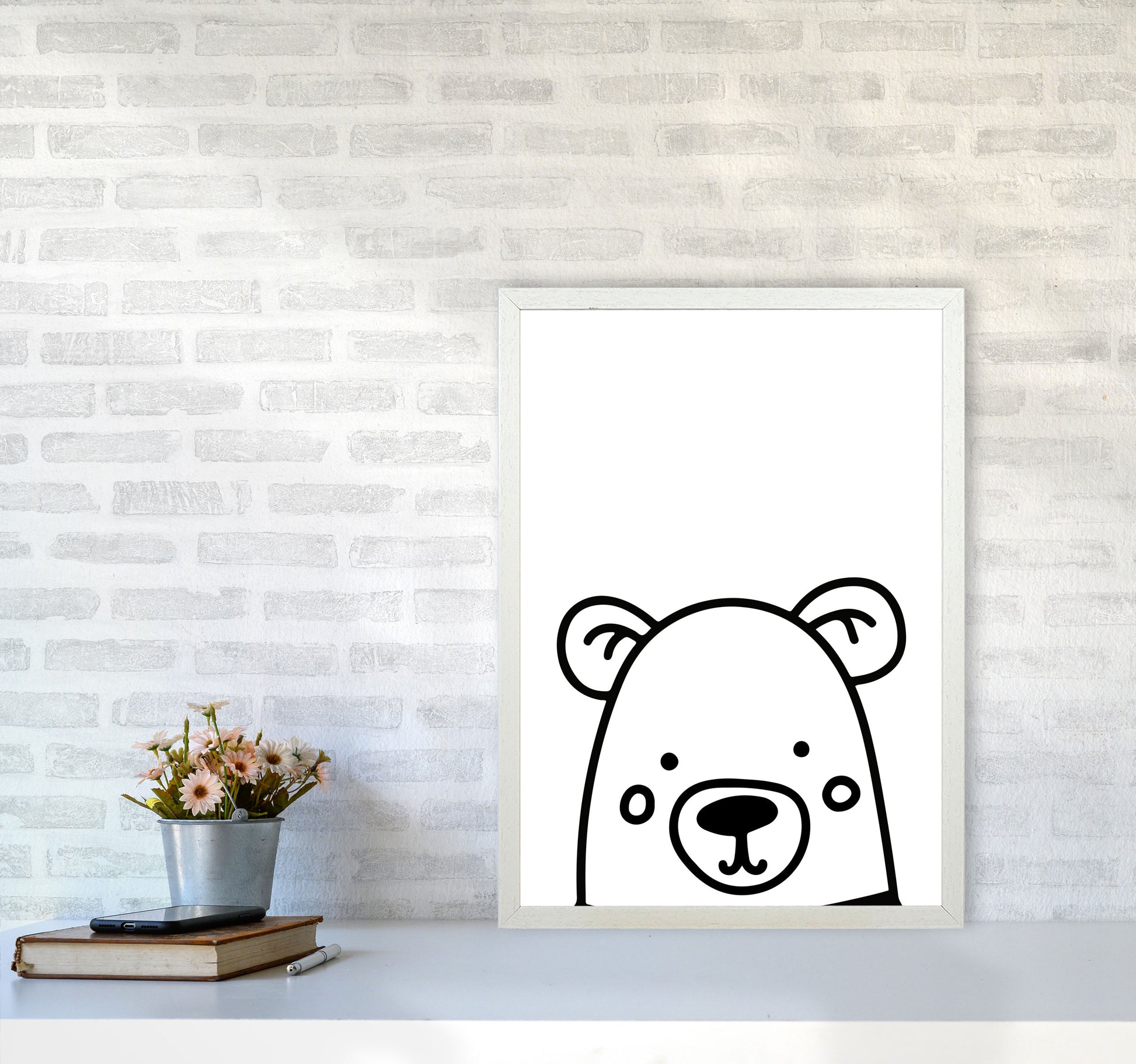 Black And White Bear Modern Print Animal Art Print A2 Oak Frame