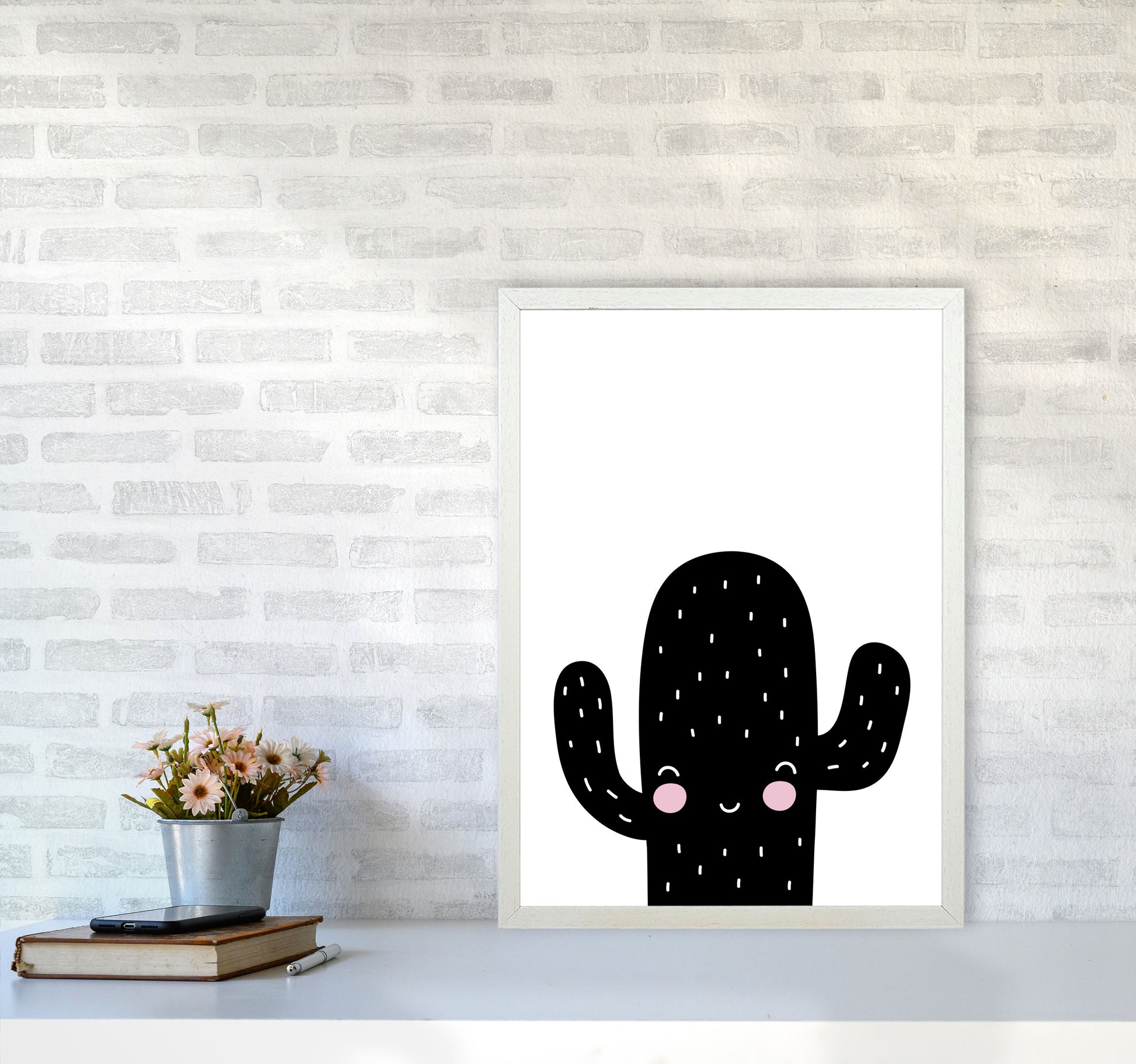 Black Scandi Cactus Modern Print, Framed Botanical & Nature Art Print A2 Oak Frame