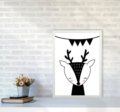 Scandi Black Deer With Banner Framed Nursey Wall Art Print A2 Oak Frame