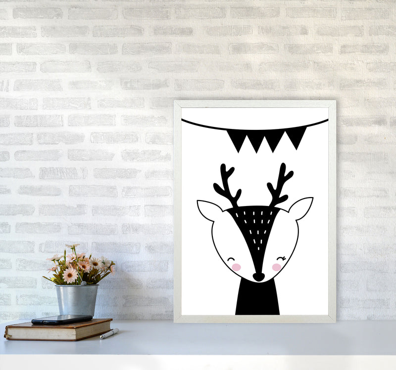 Scandi Black Deer With Banner Framed Nursey Wall Art Print A2 Oak Frame