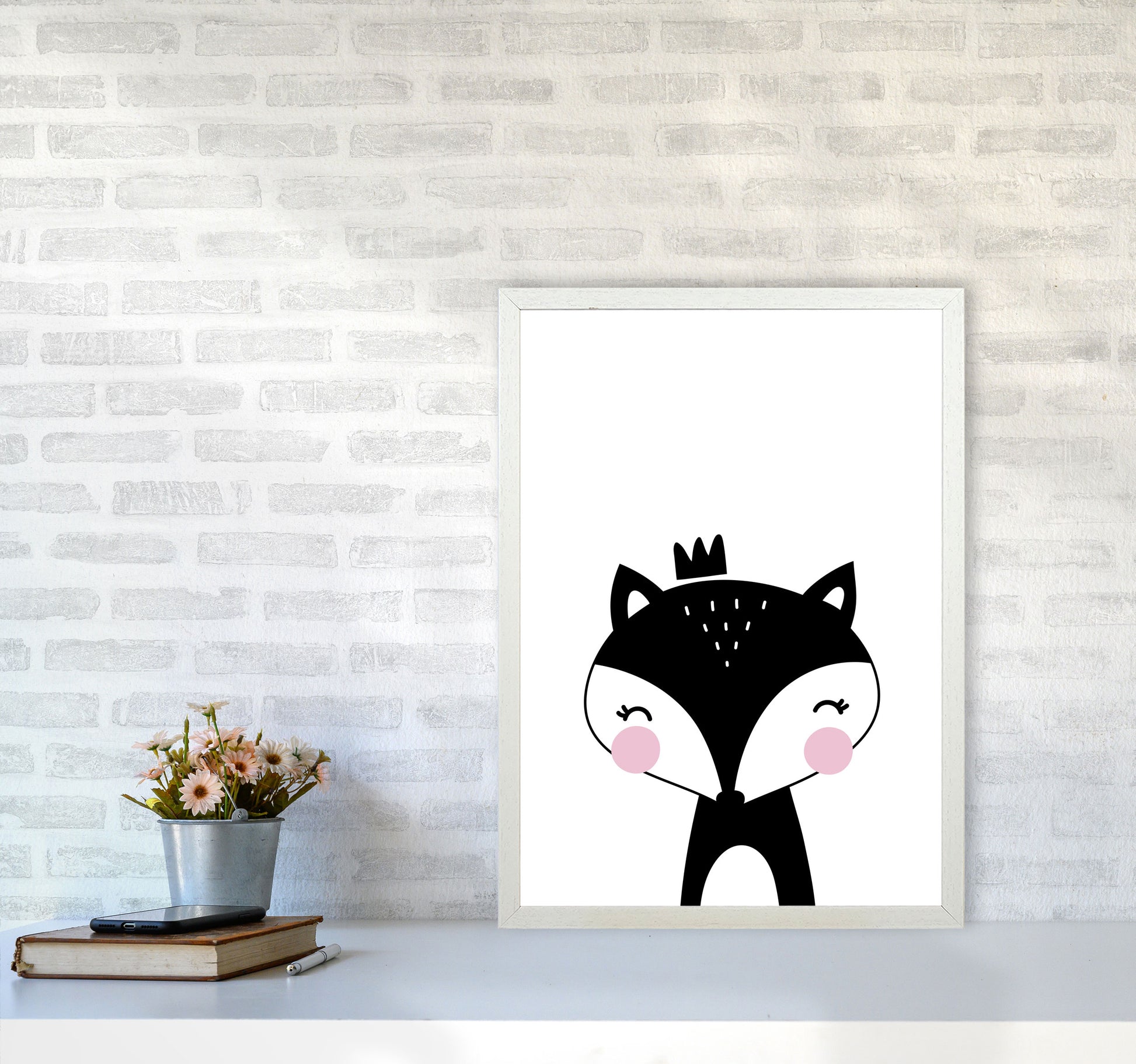 Scandi Black Fox With Crown Framed Nursey Wall Art Print A2 Oak Frame