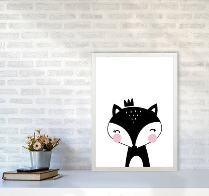 Scandi Black Fox With Crown Framed Nursey Wall Art Print A2 Oak Frame