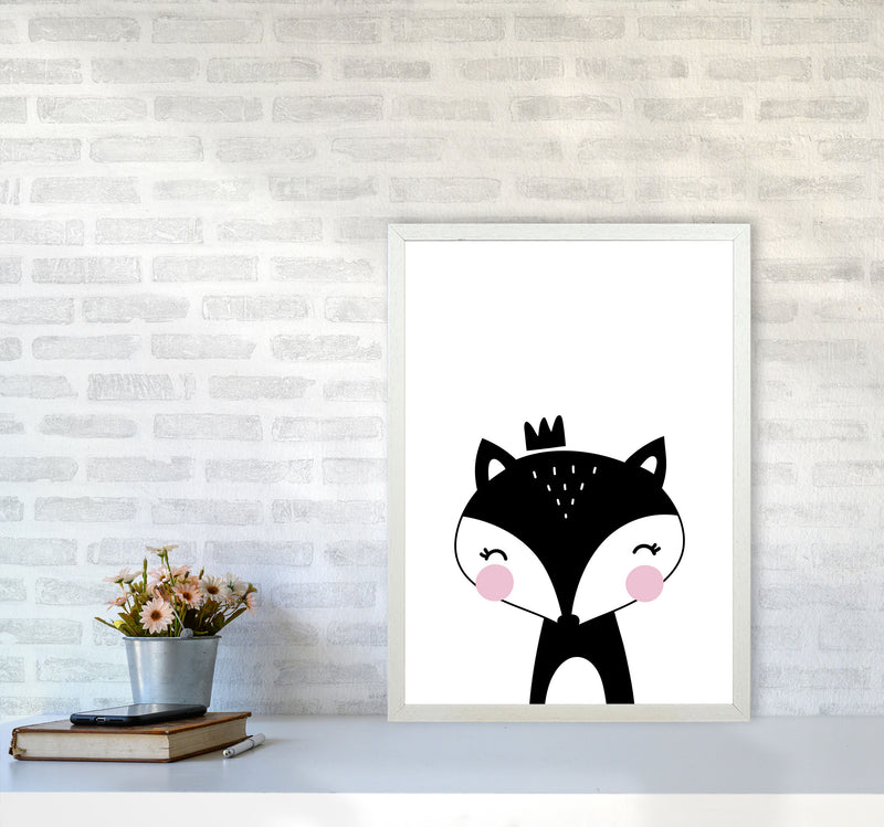 Scandi Black Fox With Crown Framed Nursey Wall Art Print A2 Oak Frame
