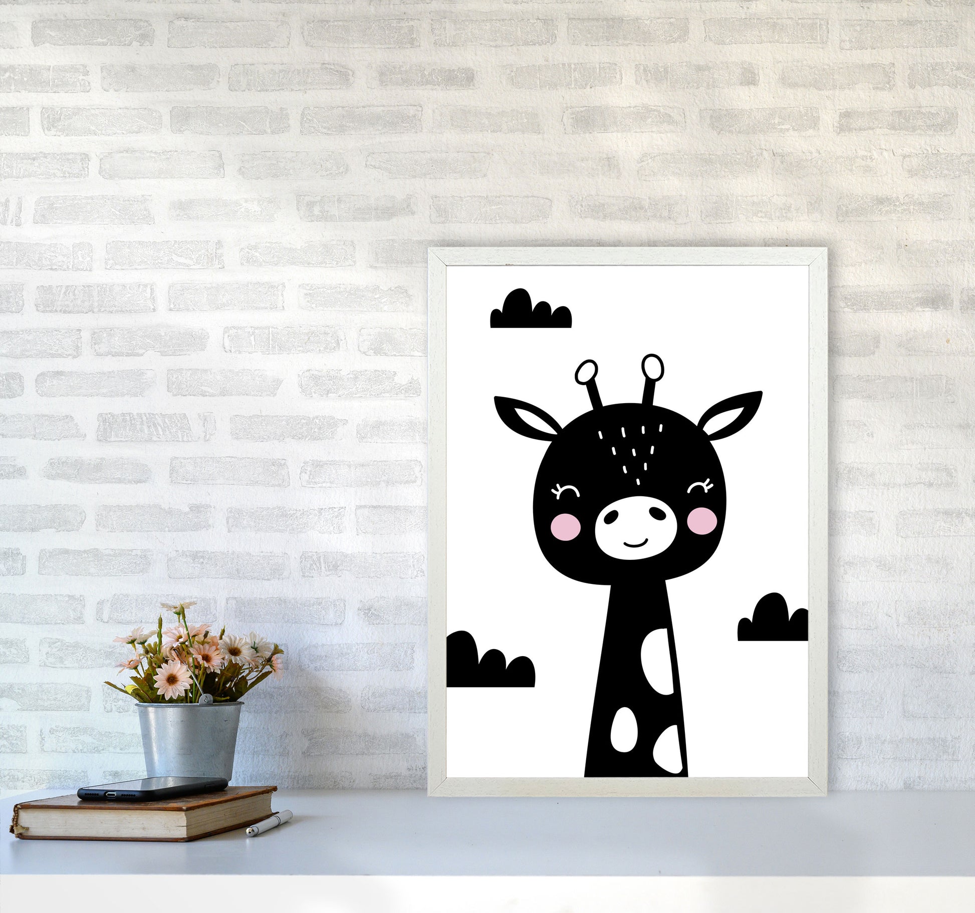Scandi Black Giraffe Framed Nursey Wall Art Print A2 Oak Frame