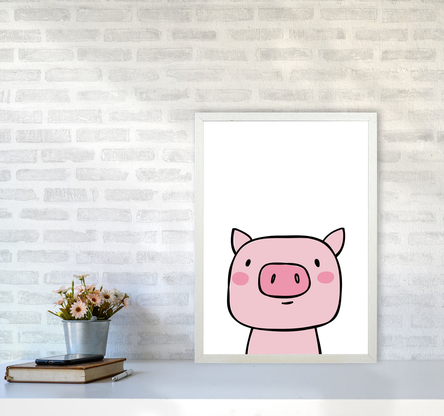Scandi Pink Pig Framed Nursey Wall Art Print A2 Oak Frame