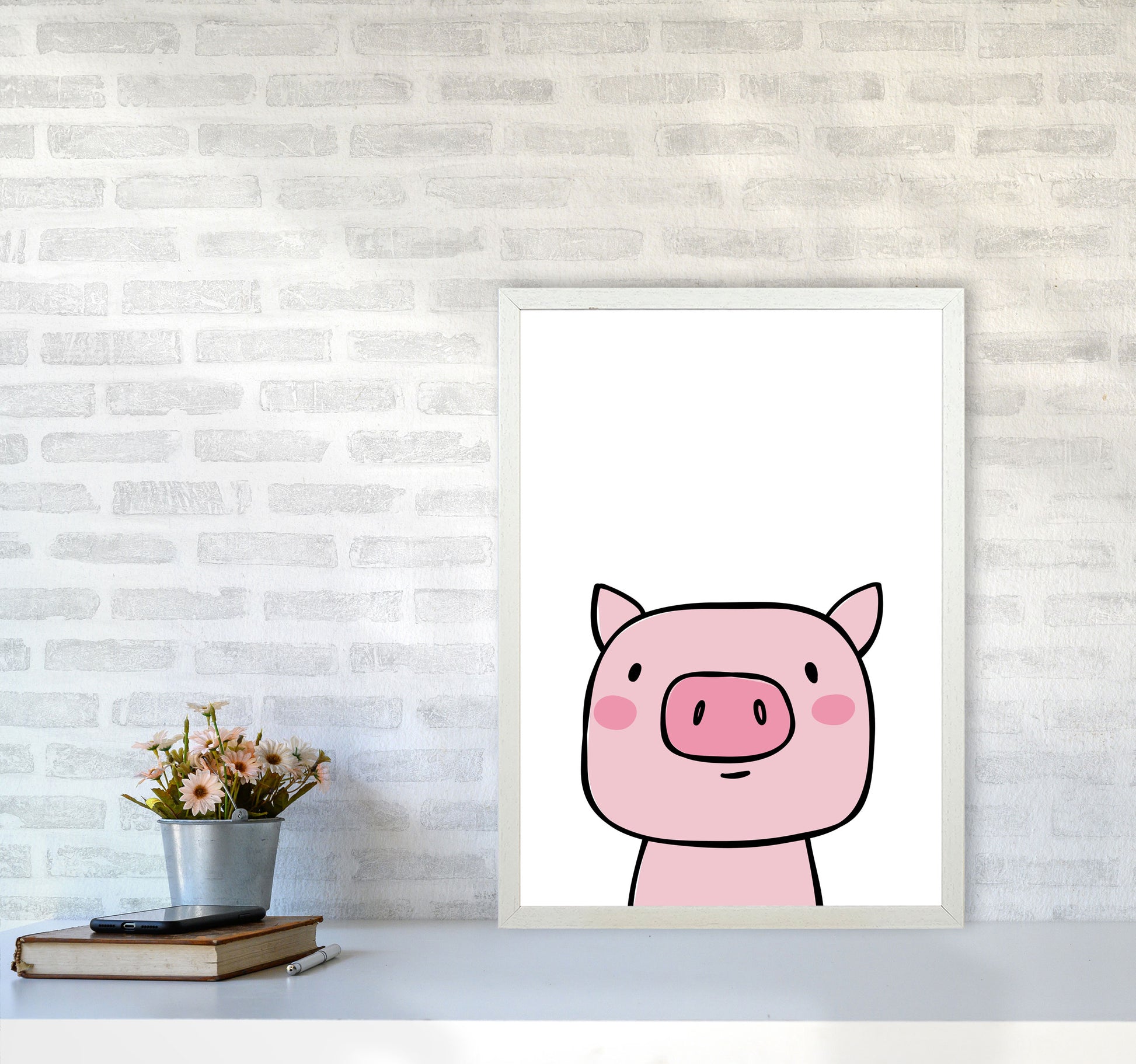 Scandi Pink Pig Framed Nursey Wall Art Print A2 Oak Frame