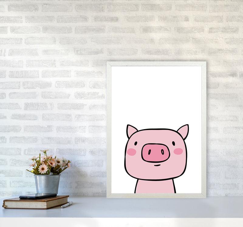 Scandi Pink Pig Framed Nursey Wall Art Print A2 Oak Frame