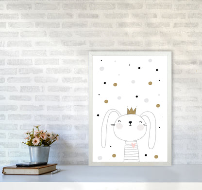 Scandi Cute Bunny With Crown And Polka Dots Modern Print A2 Oak Frame