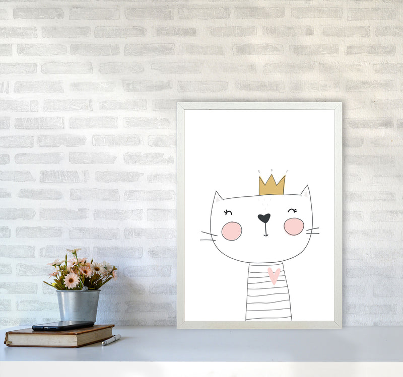 Scandi Cute Cat With Crown Framed Nursey Wall Art Print A2 Oak Frame