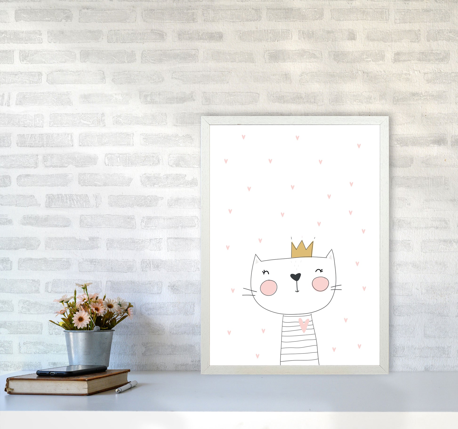 Scandi Cute Cat With Crown And Stars Framed Nursey Wall Art Print A2 Oak Frame