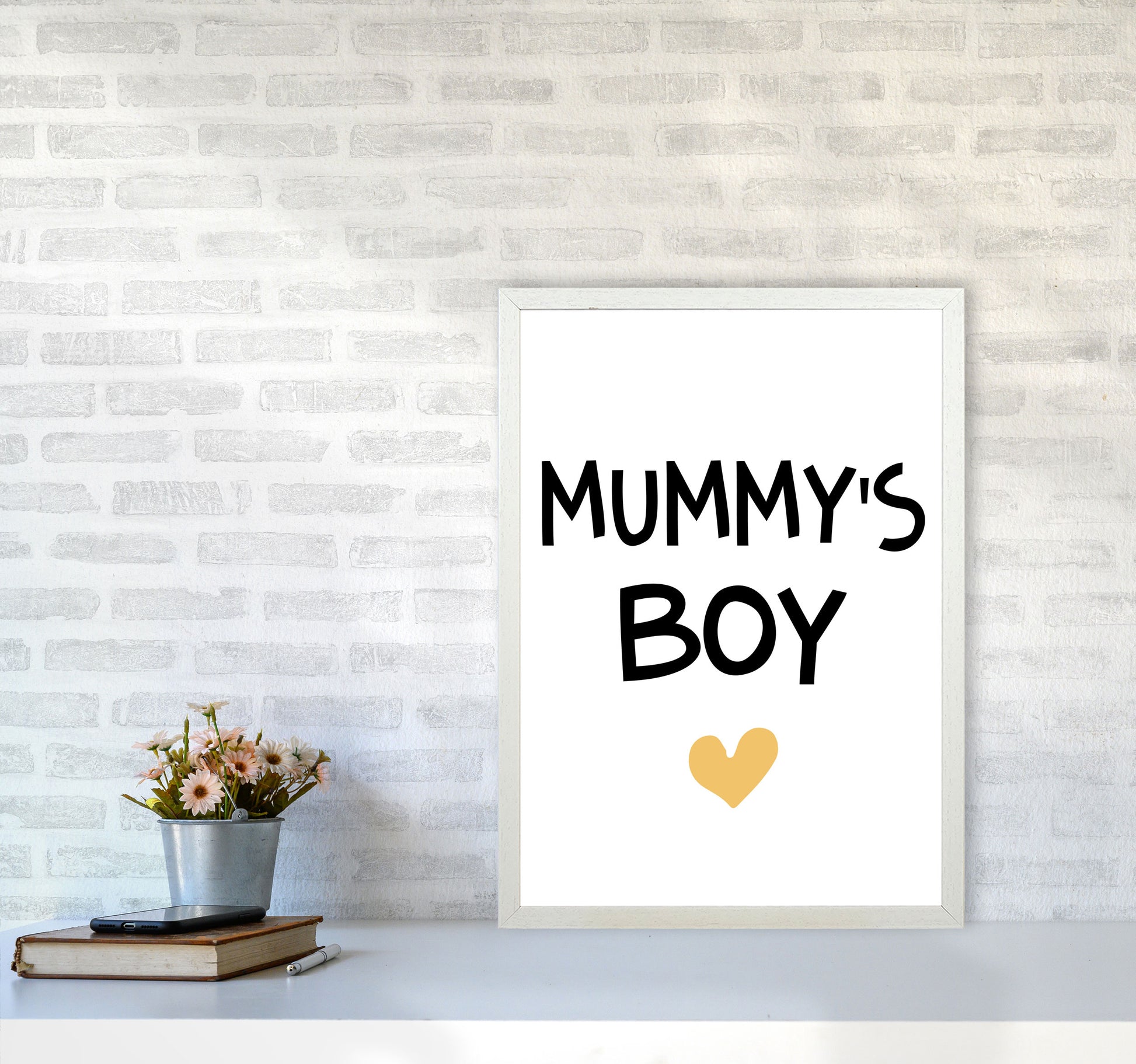 Mummy&#39;s Boy Mustard Framed Nursey Wall Art Print A2 Oak Frame