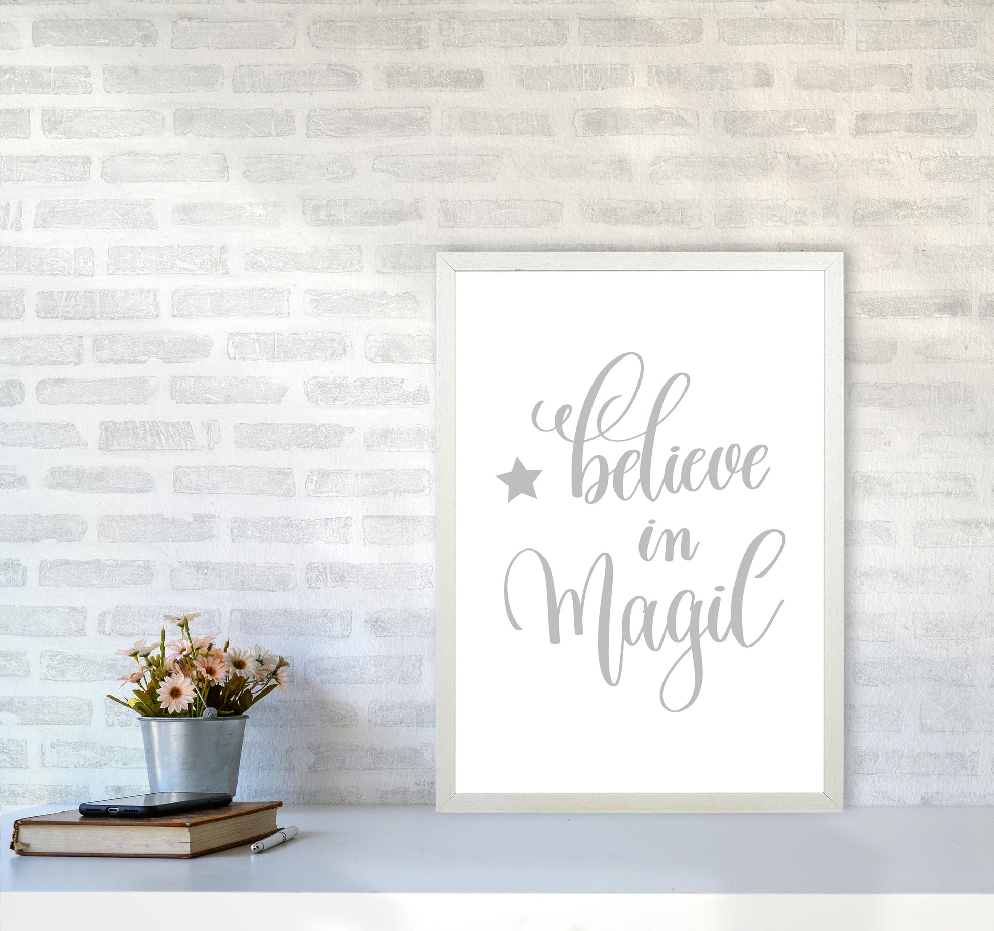 Believe In Magic Grey Framed Typography Wall Art Print A2 Oak Frame