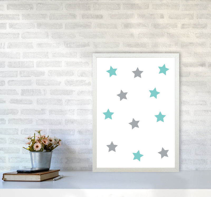 Mint And Grey Stars Framed Nursey Wall Art Print A2 Oak Frame