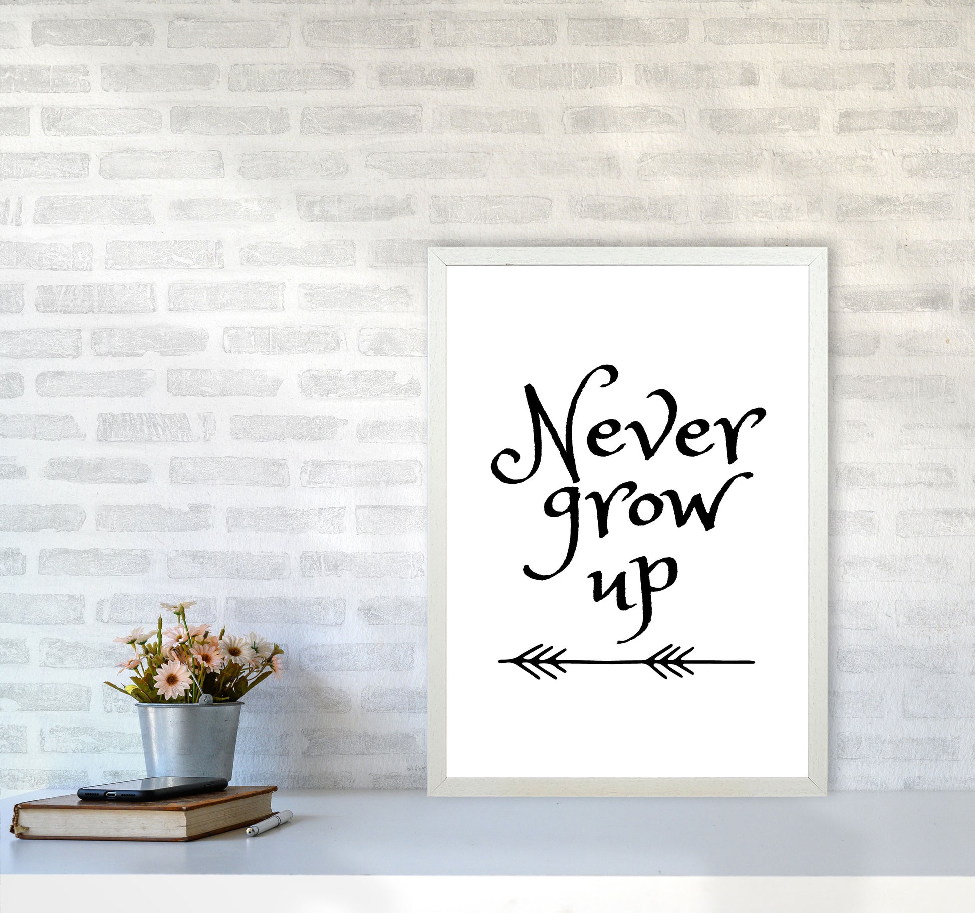 Never Grow Up Black Framed Nursey Wall Art Print A2 Oak Frame