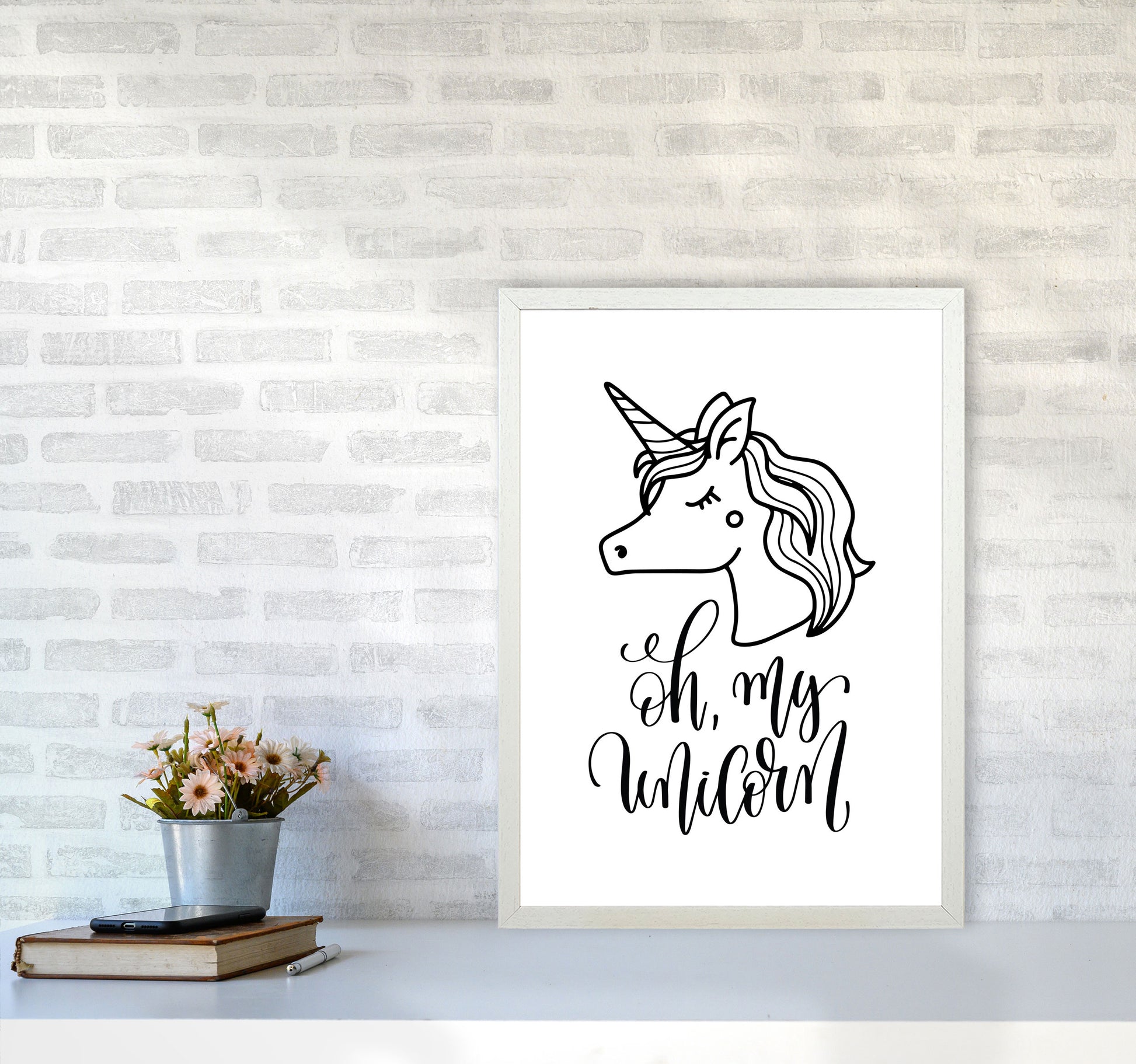 Oh My Unicorn Black Framed Nursey Wall Art Print A2 Oak Frame