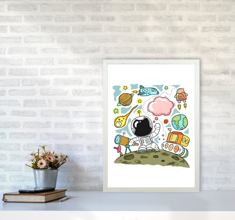 Space Illustration Framed Nursey Wall Art Print A2 Oak Frame