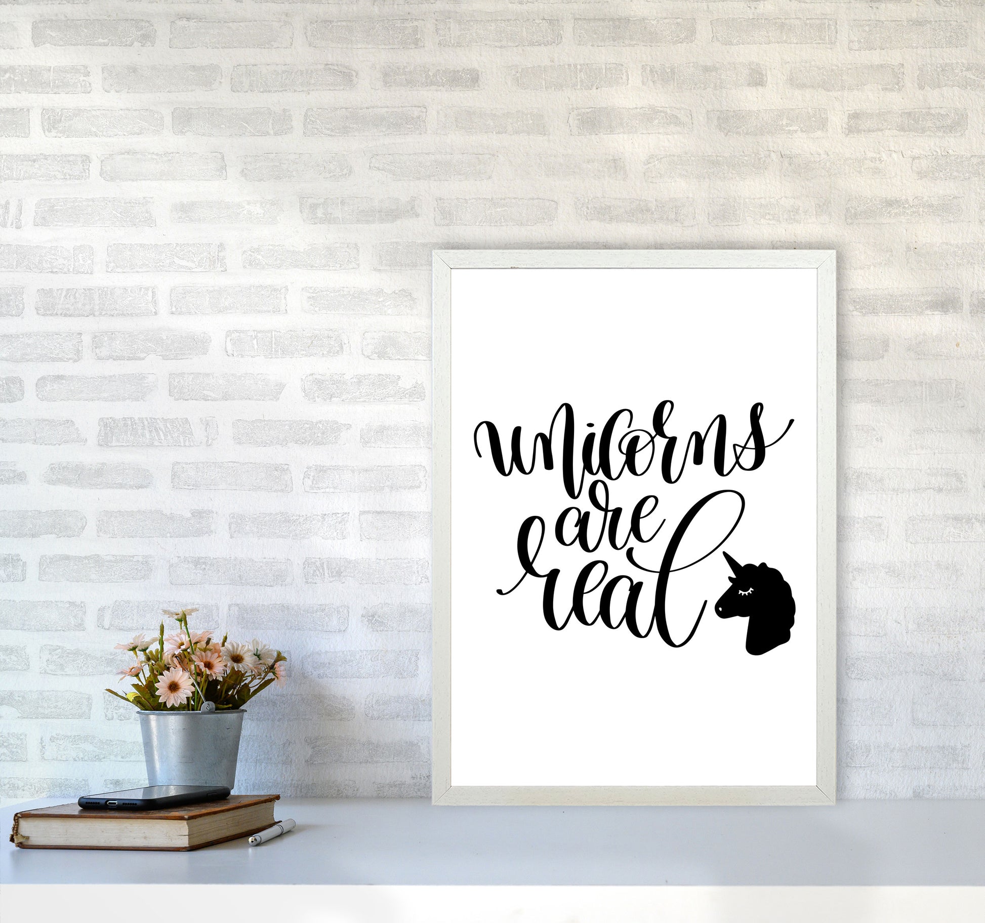 Unicorns Are Real Black Framed Nursey Wall Art Print A2 Oak Frame