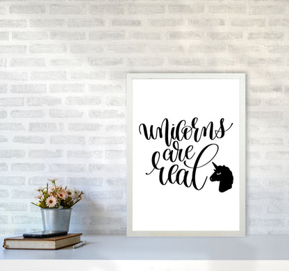 Unicorns Are Real Black Framed Nursey Wall Art Print A2 Oak Frame