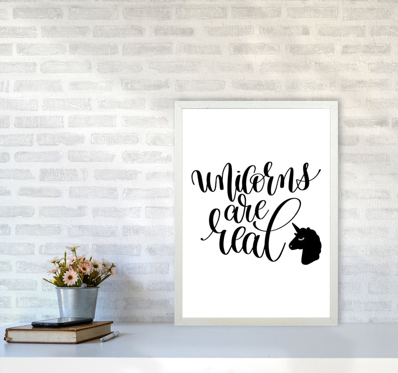 Unicorns Are Real Black Framed Nursey Wall Art Print A2 Oak Frame