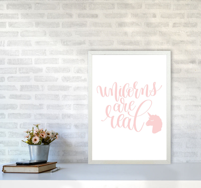 Unicorns Are Real Pink Modern Art Print, Framed Childrens Nursey Poster A2 Oak Frame