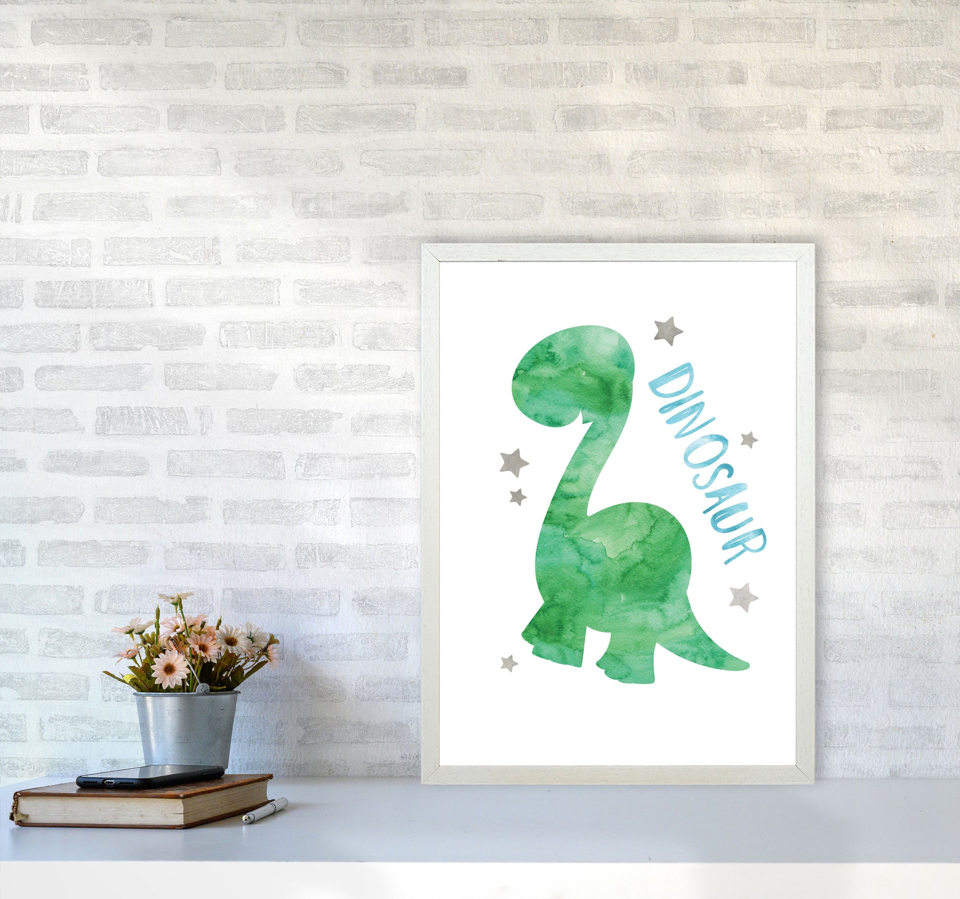 Dinosaur Watercolour Modern Print A2 Oak Frame