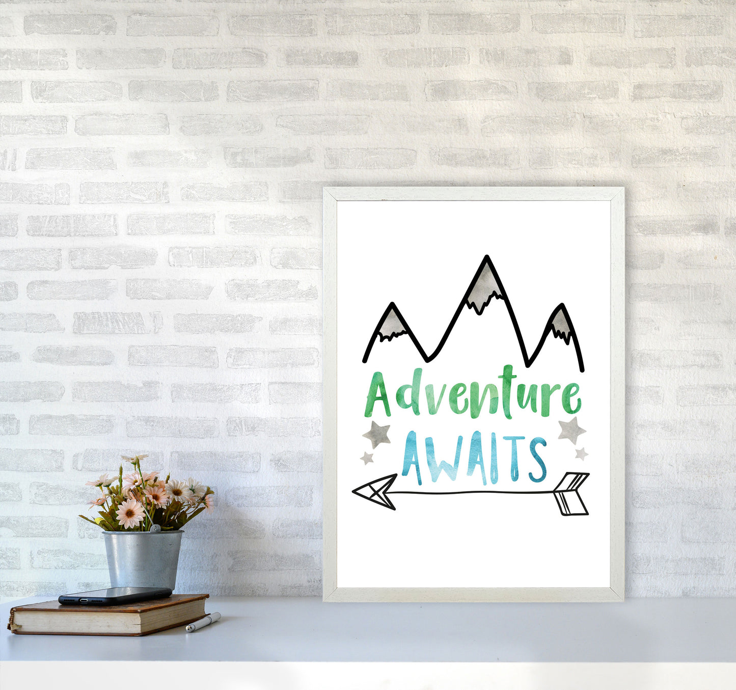 Adventure Awaits Watercolour Modern Print A2 Oak Frame
