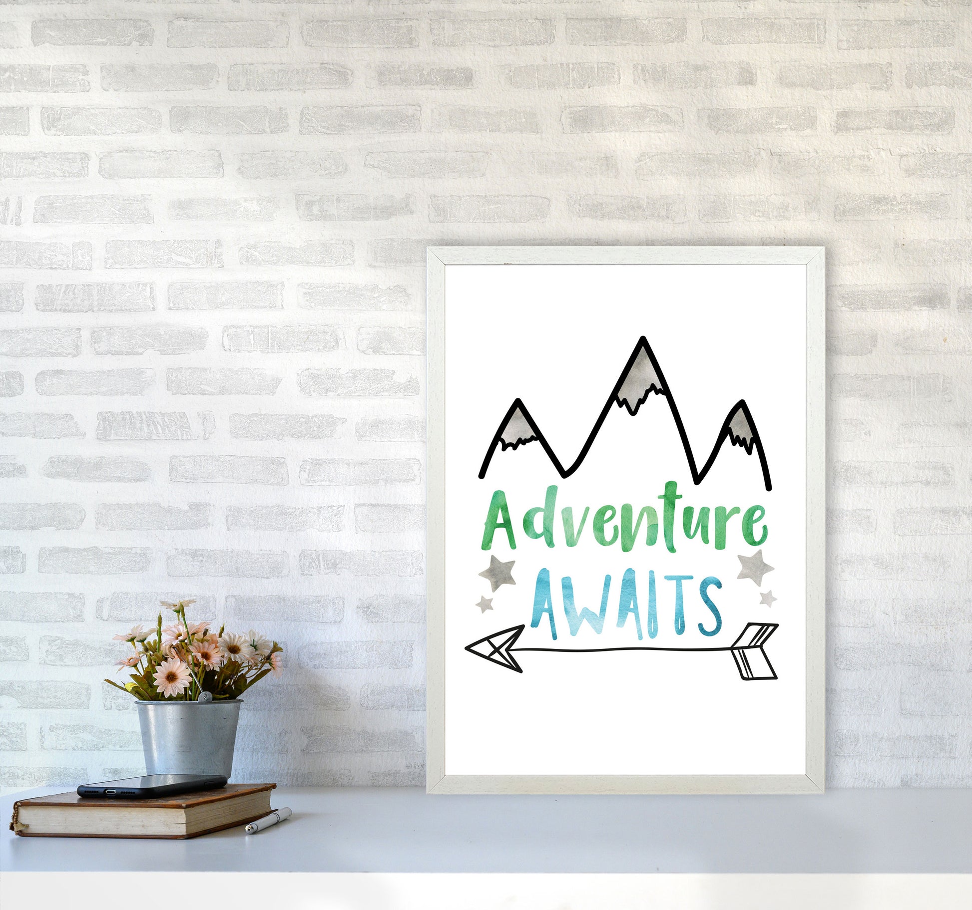 Adventure Awaits Watercolour Modern Print A2 Oak Frame